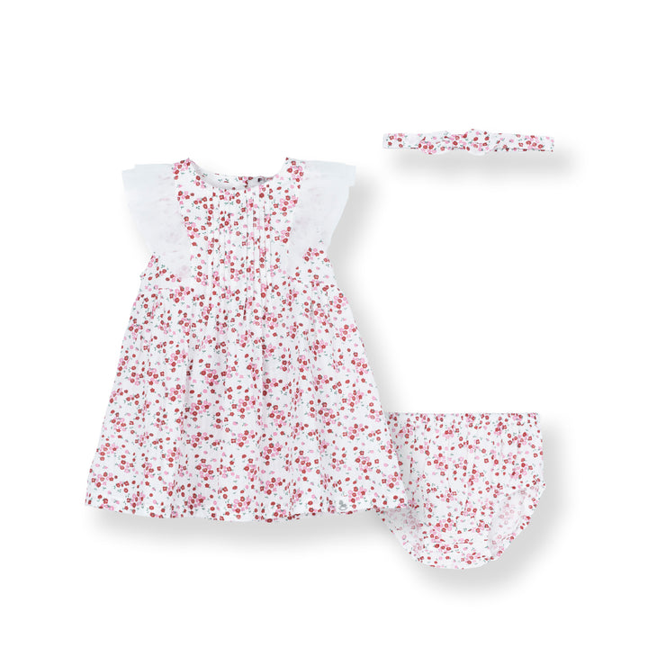 Baby Poney Girls Red Floral Round Neck Ruffled Short Sleeve Dress