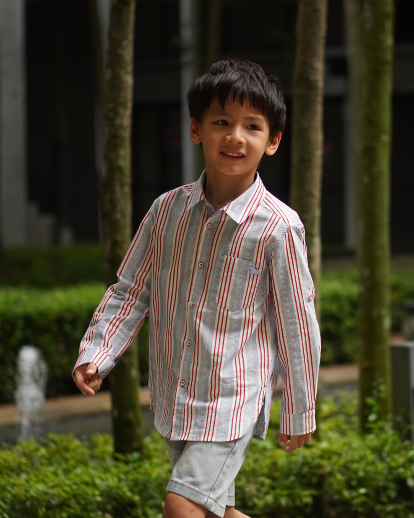 Poney Boys White Yarn Dyed Stripes Long Sleeve Shirt