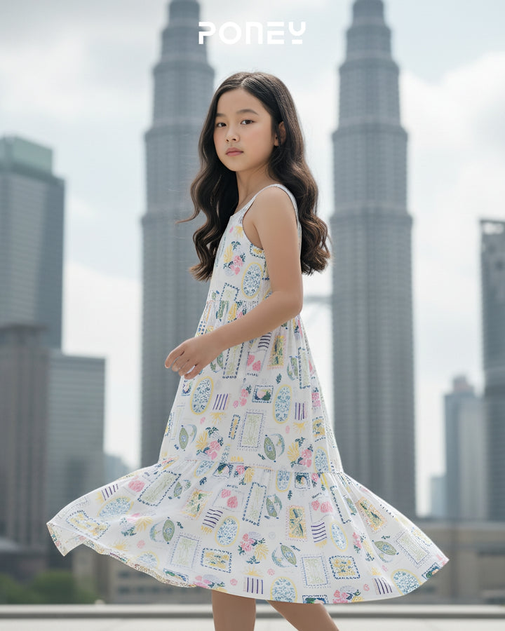Printed Blue Tiered Sleeveless Midi Dress
