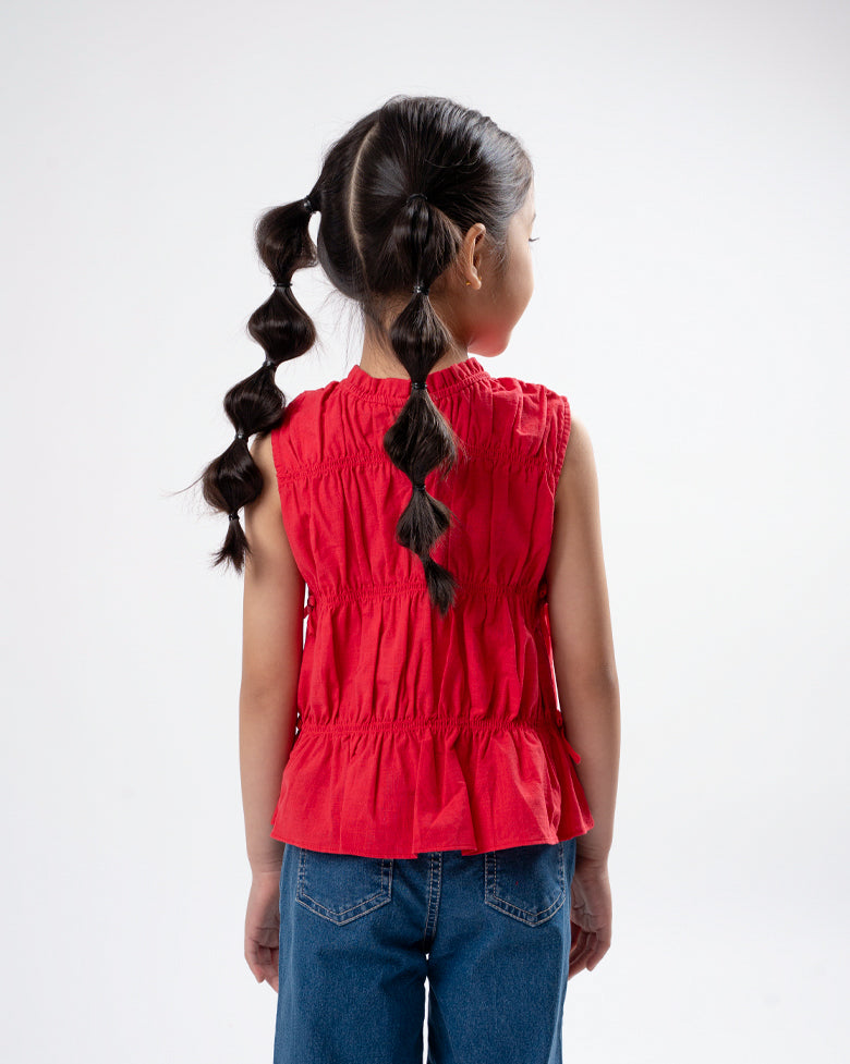 Red Elasticated Mini Bow Blouse