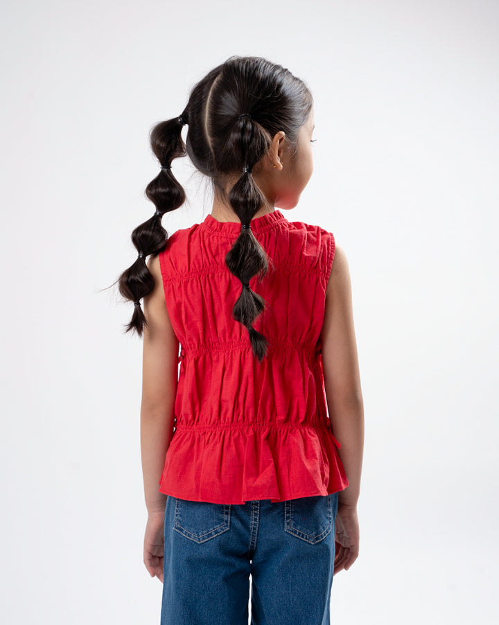 Red Elasticated Mini Bow Blouse