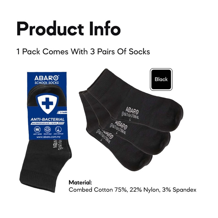 Abaro Anti-Bacterial School Sock (S M L)=3 Prs / Set  AS03