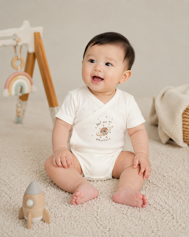 Baby Poney Boys White You Are My Universe Short Sleeve Kimono Bodysuit