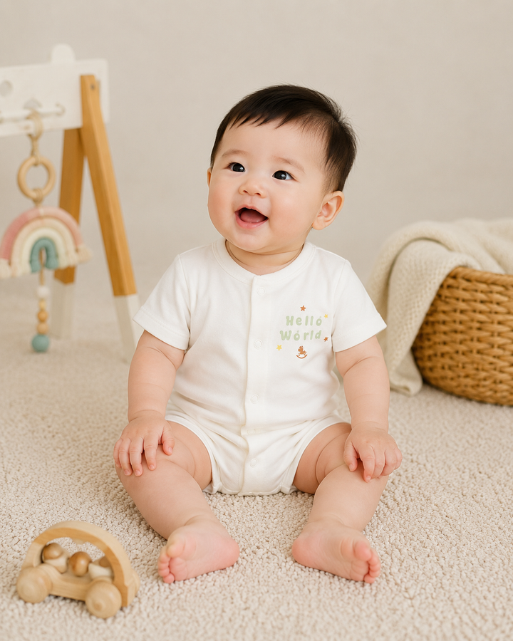 Baby Poney Boys White Hello World Short Sleeve Romper