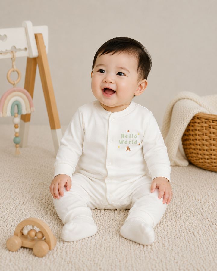 Baby Poney Boys White Hello World Sleepsuit