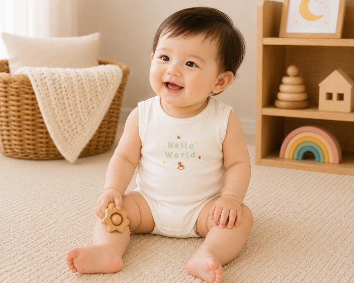 Baby Poney Boys White Hello World Sleeveless Bodysuit