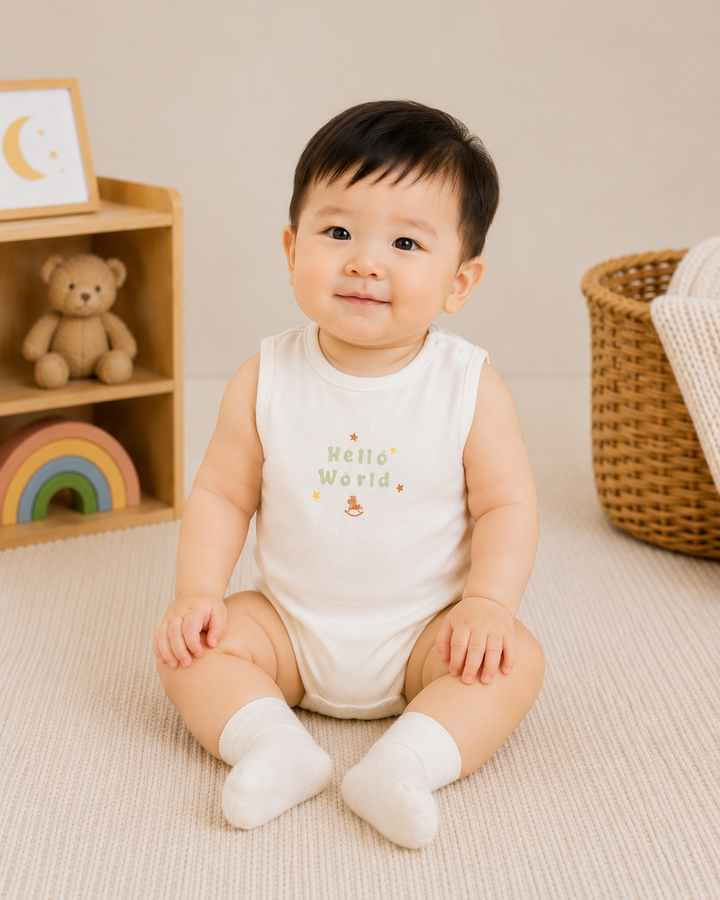 Baby Poney Boys White Hello World Sleeveless Bodysuit
