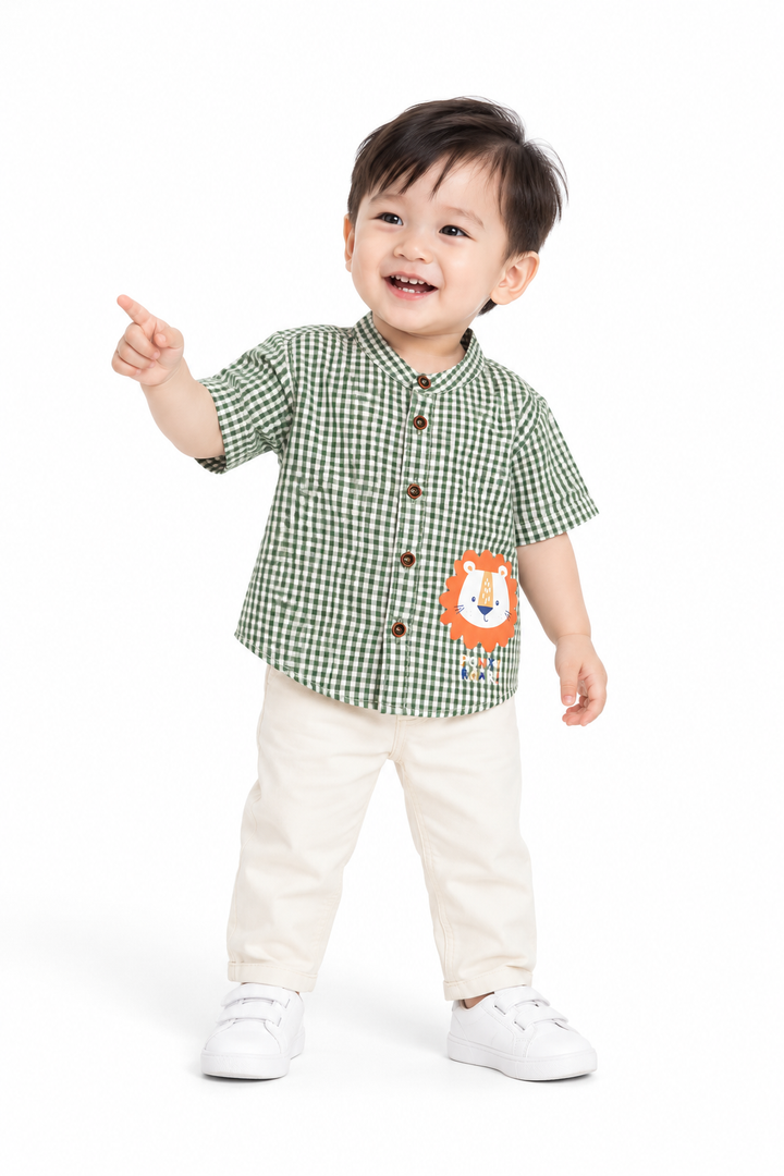 Baby Boy Little Lion Gingham Short Sleeve Shirt