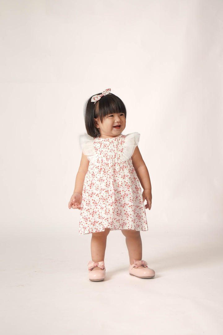 Baby Poney Girls Red Floral Round Neck Ruffled Short Sleeve Dress