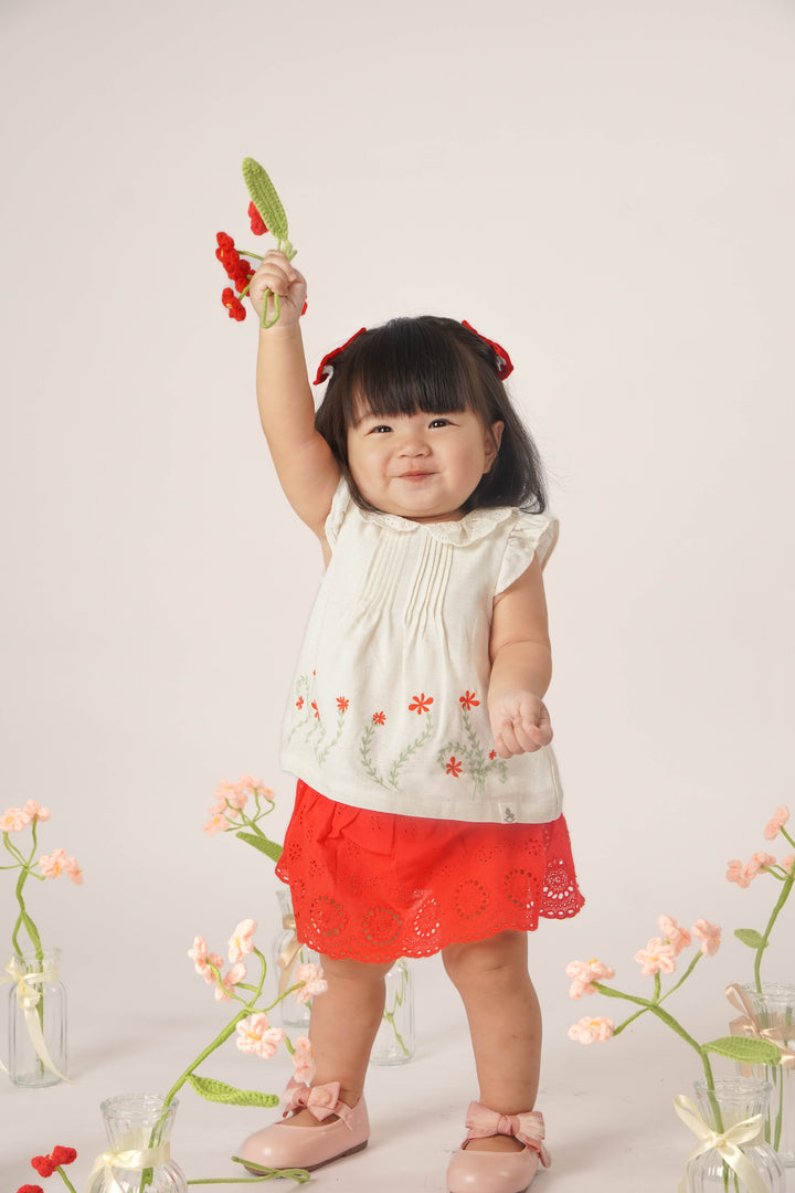 Baby Poney Girls Cream Lace Collar Pintucks Ruffled Short Sleeve Blouse