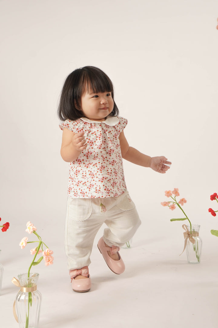 Baby Poney Girls Red Floral Pleated Short Sleeve Frill Blouse