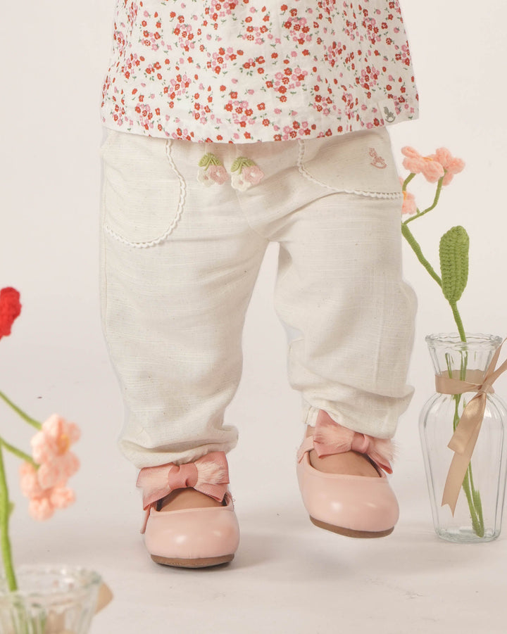 Baby Poney Girls Cream Ruffled Waist Loose Fit Trousers