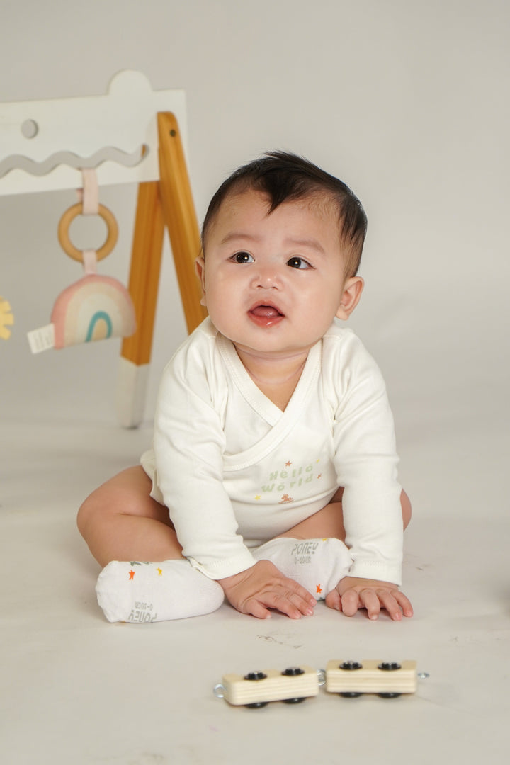 Baby Poney Boys White Hello World Long Sleeve Kimono Bodysuit