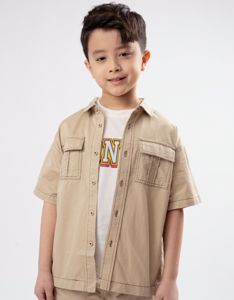 Poney Boys Light Khaki Cargo Short Sleeve Shirt