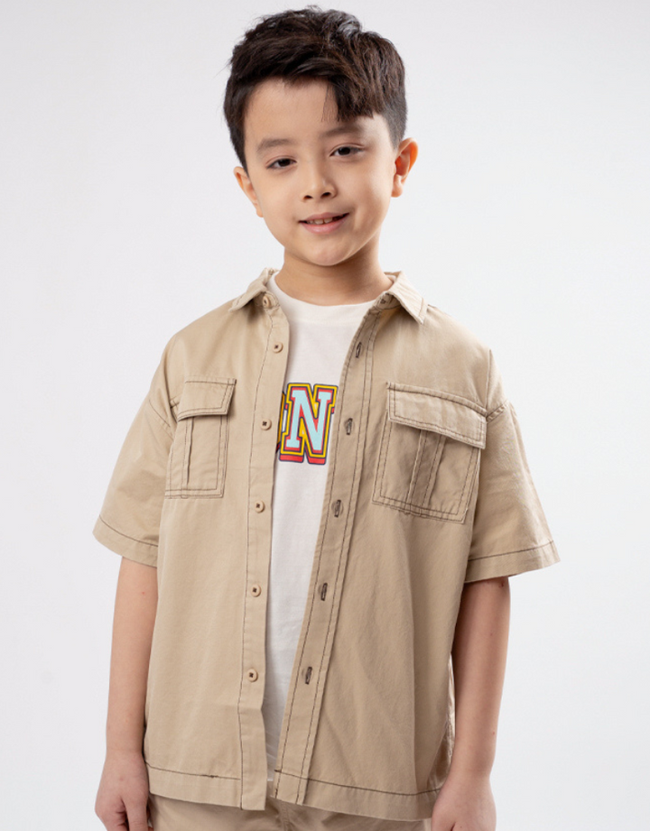 Poney Boys Light Khaki Cargo Short Sleeve Shirt