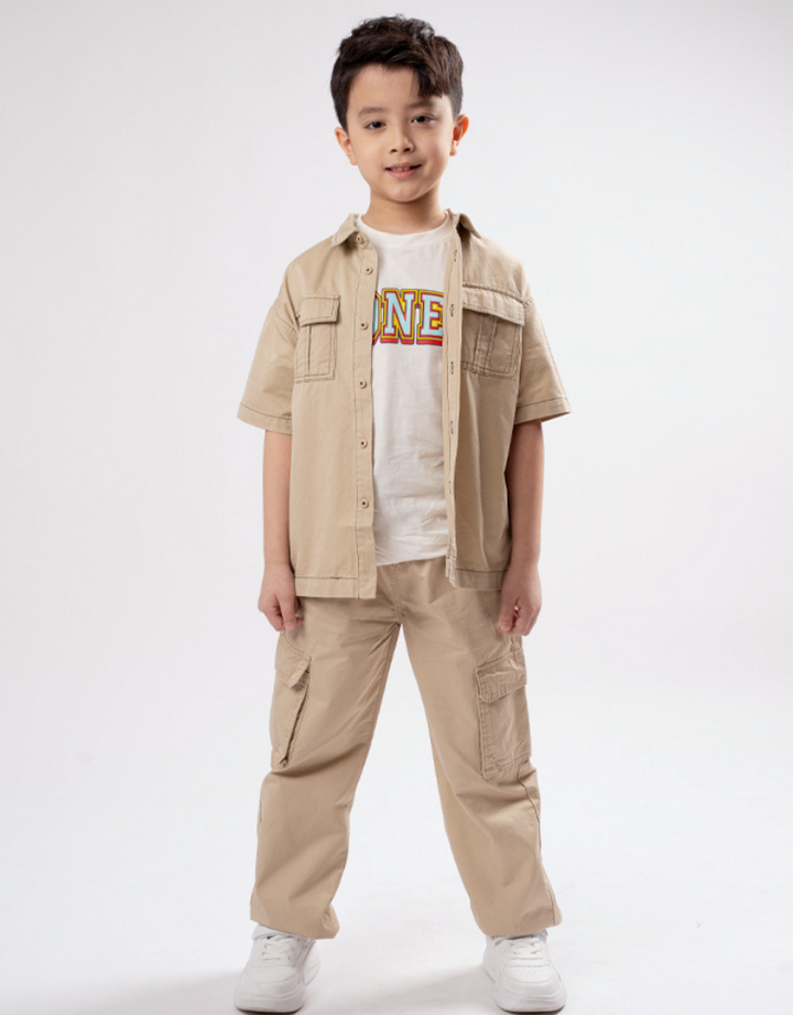Poney Boys Light Khaki Cargo Short Sleeve Shirt