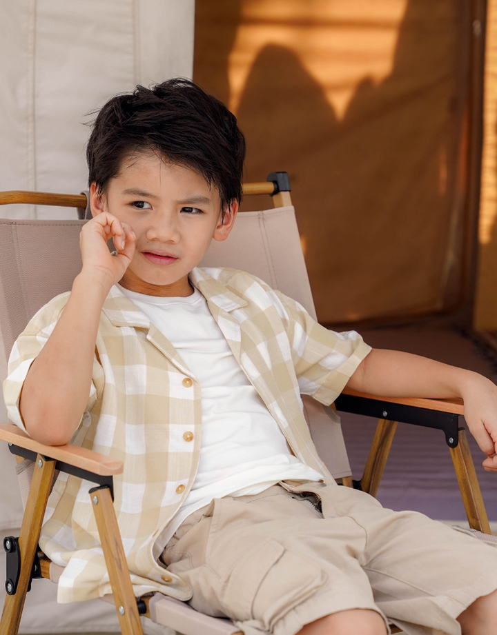 Poney Boys Light Khaki Yarn Dyed Checks Short Sleeve Shirt