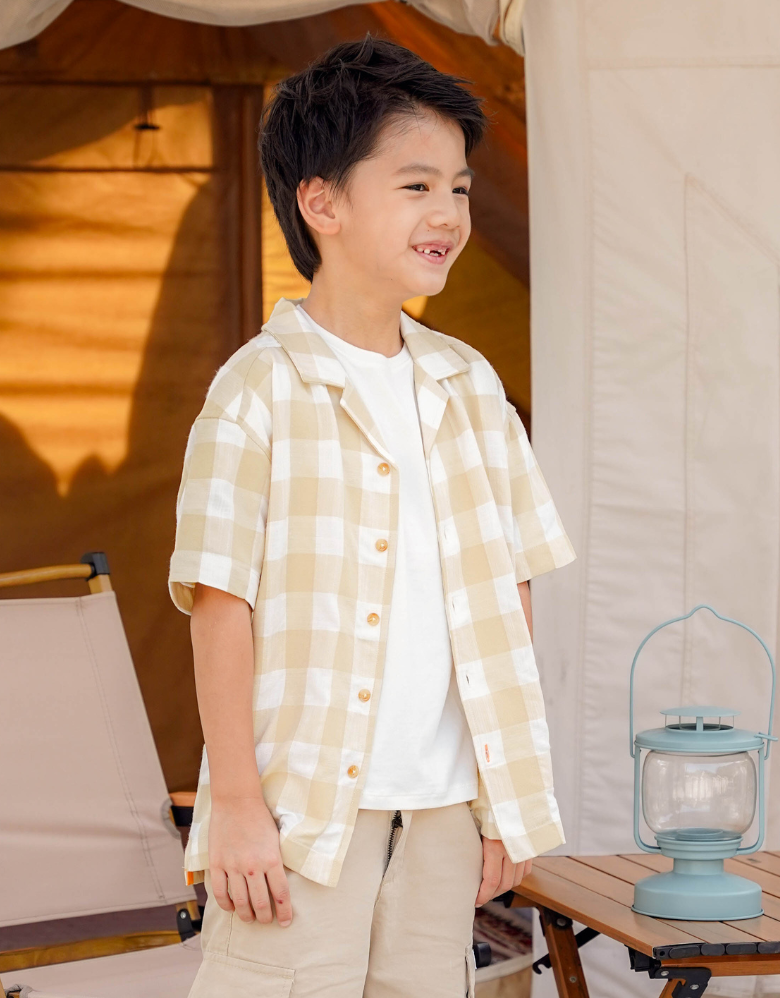 Poney Boys Light Khaki Yarn Dyed Checks Short Sleeve Shirt