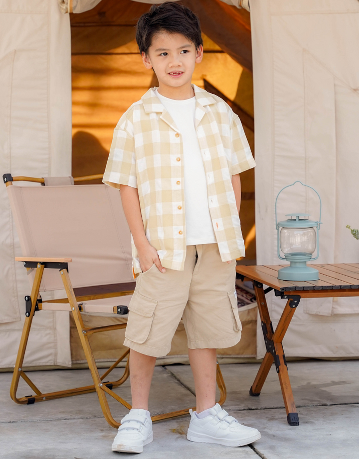 Poney Boys Light Khaki Yarn Dyed Checks Short Sleeve Shirt