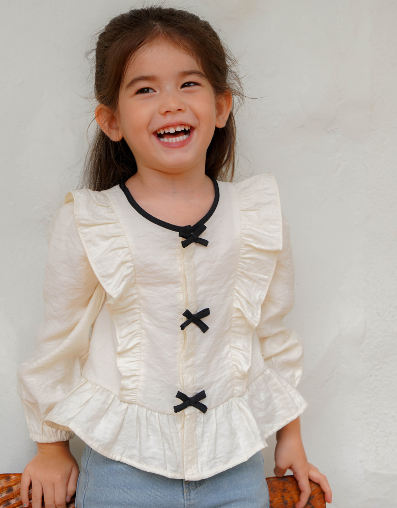Poney Girls Cream Bow Designed Long Sleeve Blouse