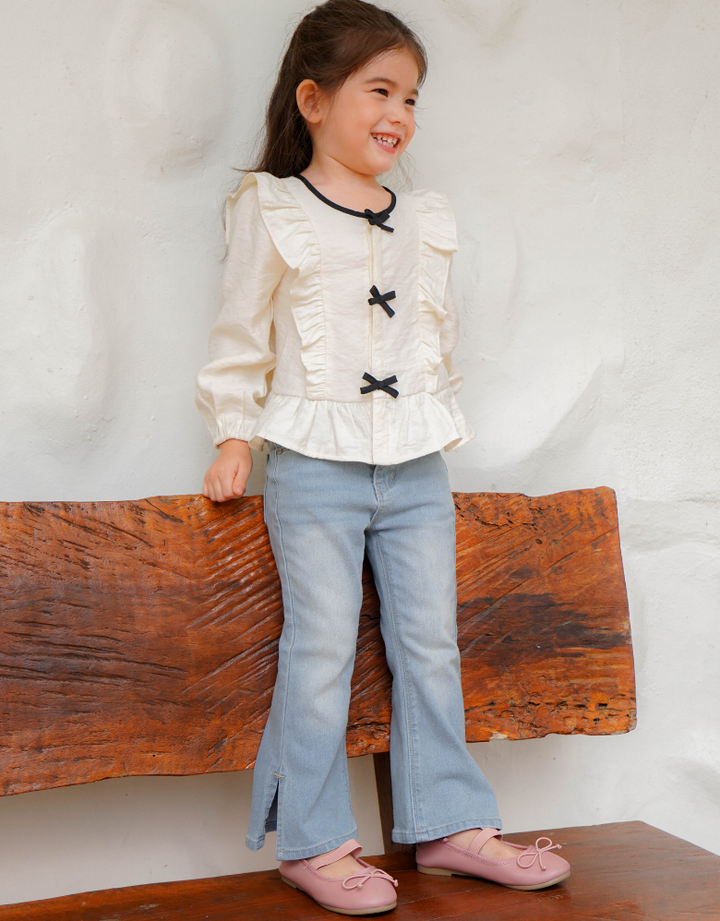 Poney Girls Cream Bow Designed Long Sleeve Blouse