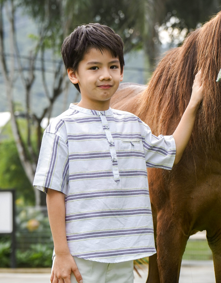 Poney Boys Green Stripes Mao Collar Short Sleeve Shirt