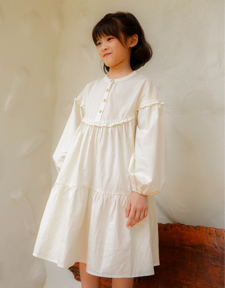 Poney Girls Cream Flowy Bishop 3/4 Sleeve Dress