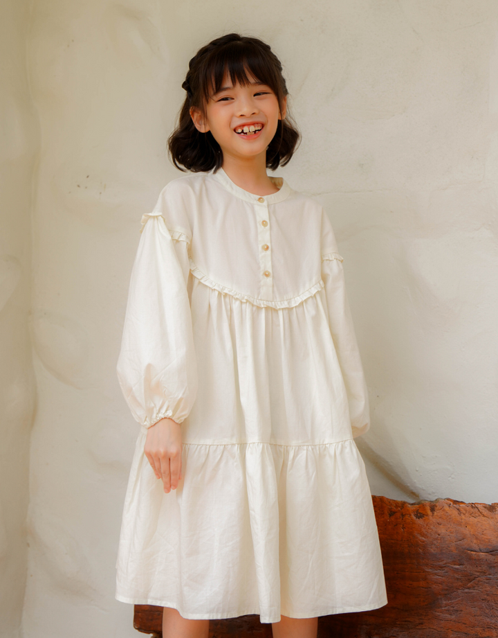 Poney Girls Cream Flowy Bishop 3/4 Sleeve Dress