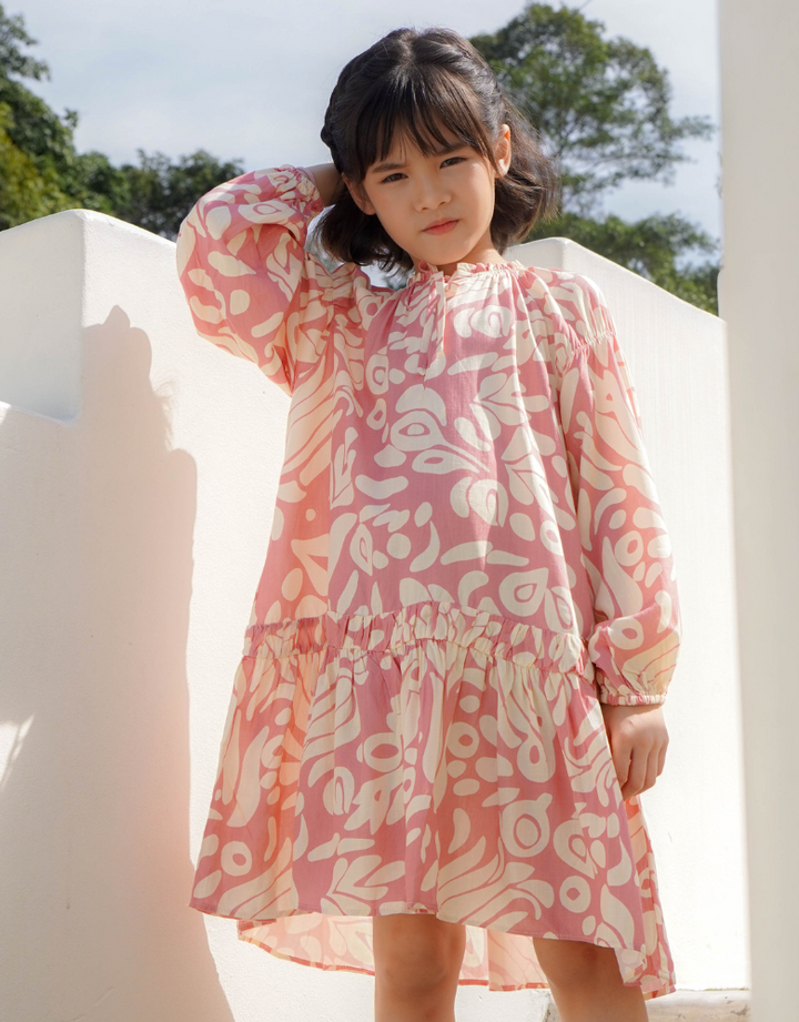 Poney Girls Pink V-Placket Long Sleeve Dress