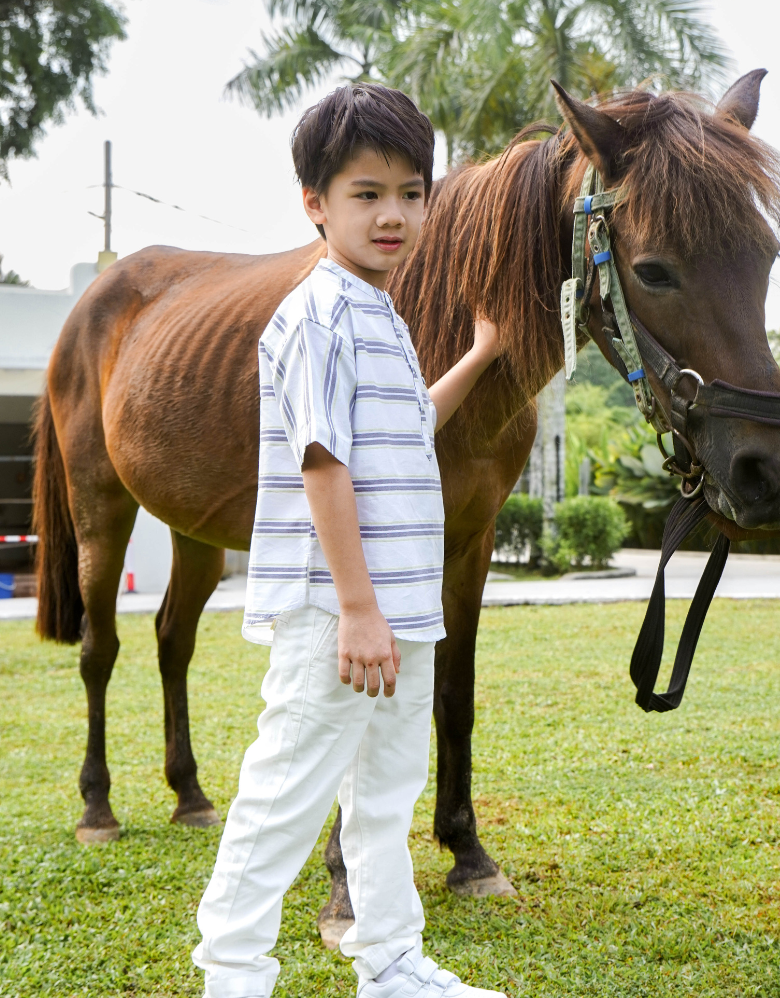Poney Boys Green Stripes Mao Collar Short Sleeve Shirt