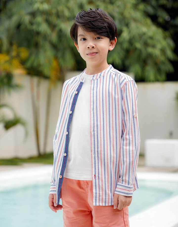 Poney Boys Red Stripe Mao Collar Long Sleeve Shirt