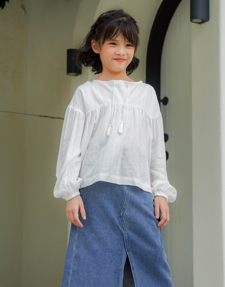 Poney Girls White Gathered Long Sleeve Blouse