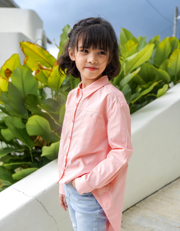 Poney Girls Pink Hi-Lo Oversized Long Sleeve Shirt