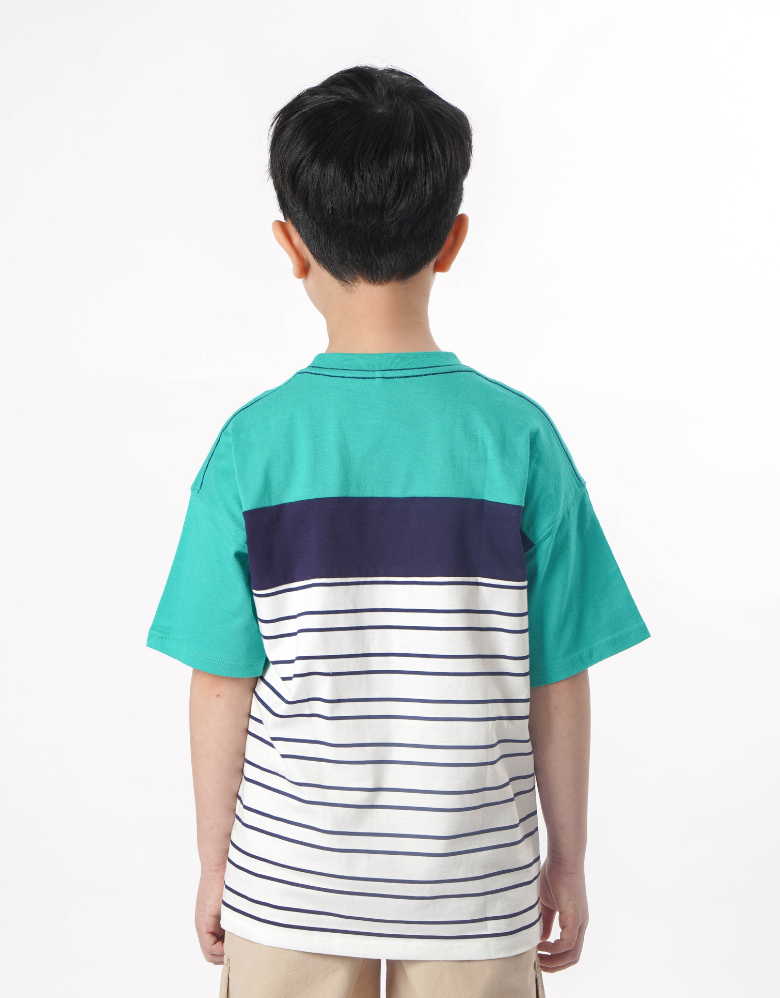 Poney Boys Green Stripes in Oversized Style Short Sleeve Tee 2250038