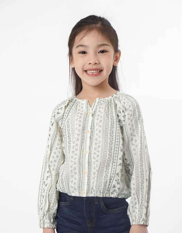 Green Long Sleeves Printed Cotton Blouse