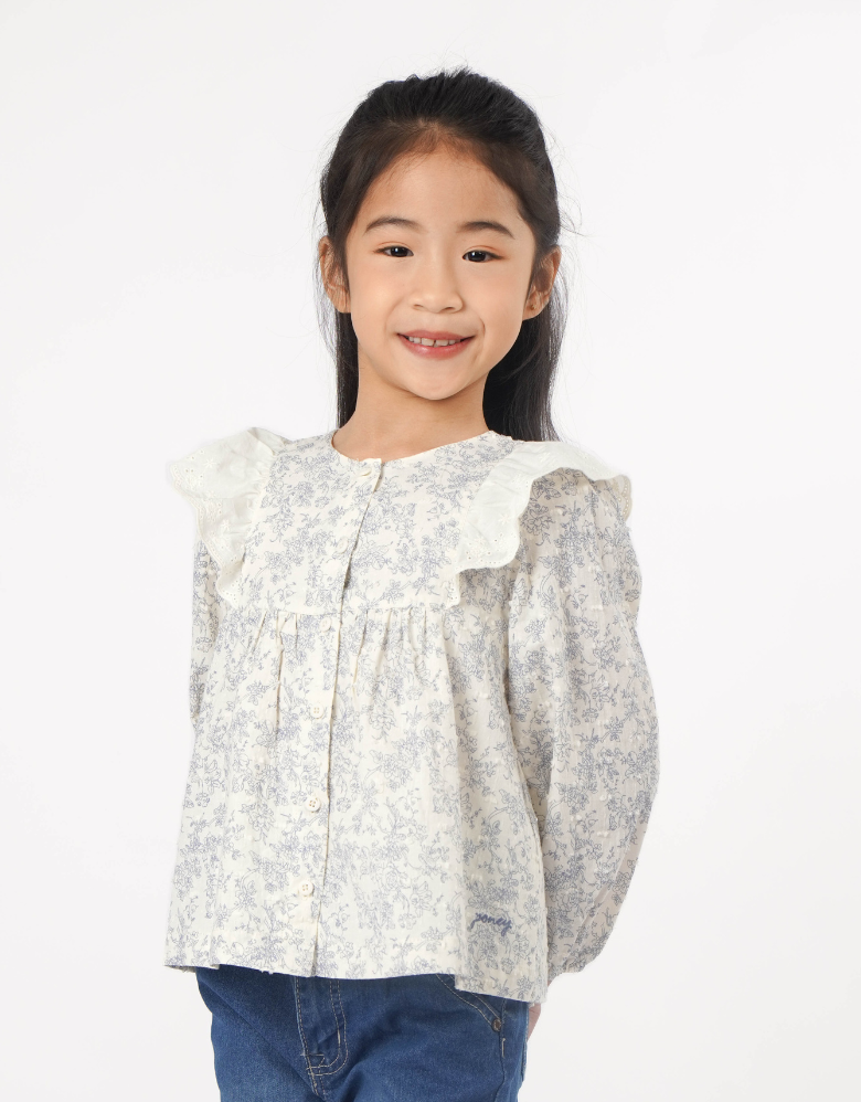 Floral Printed Cotton Blouse with Ruffle Trim