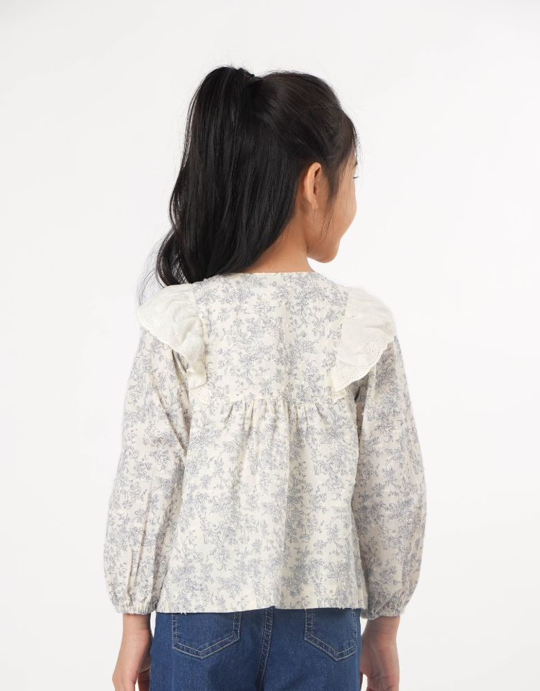 Floral Printed Cotton Blouse with Ruffle Trim