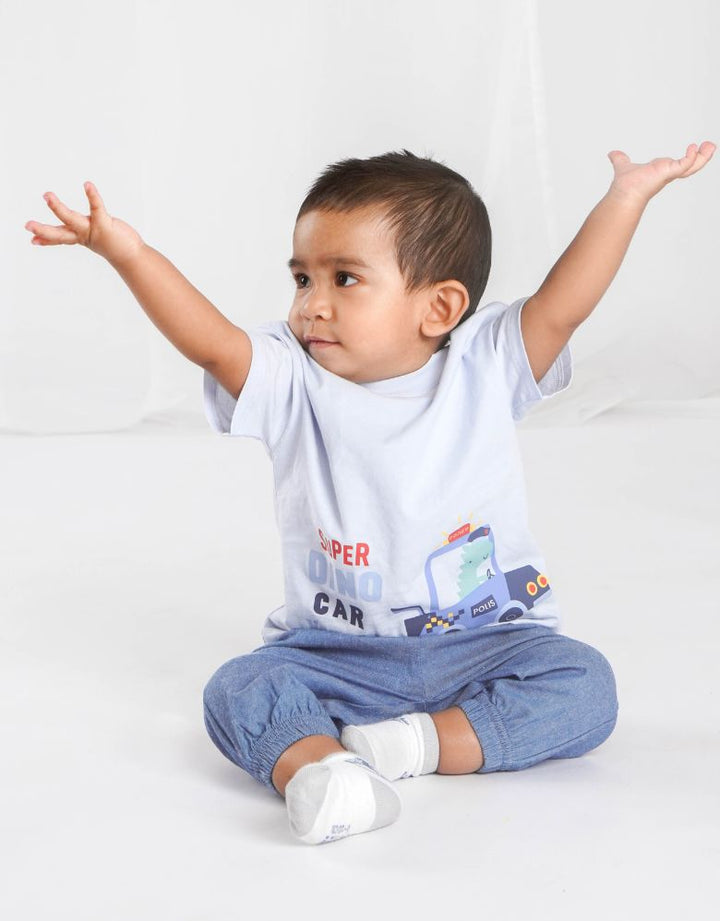 Chambray Dino Print Short Sleeves Top & Long Pants  Set