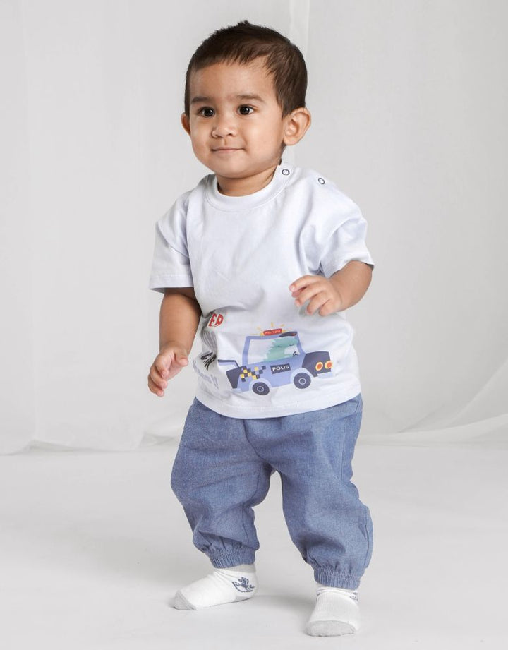 Chambray Dino Print Short Sleeves Top & Long Pants  Set