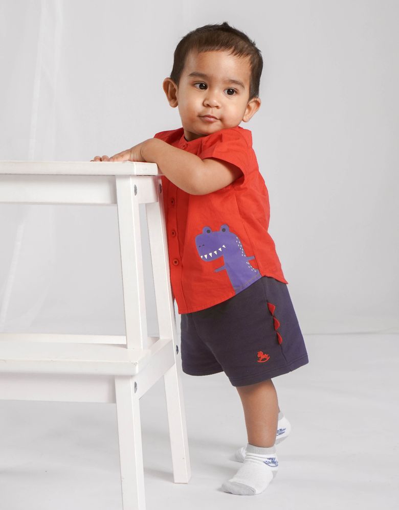 Poplin Dino Print Short Sleeves Top & Bermuda Set