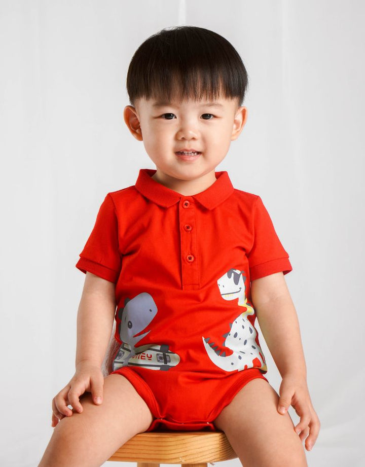 Short Sleeve Polo Bodysuit Dino Red