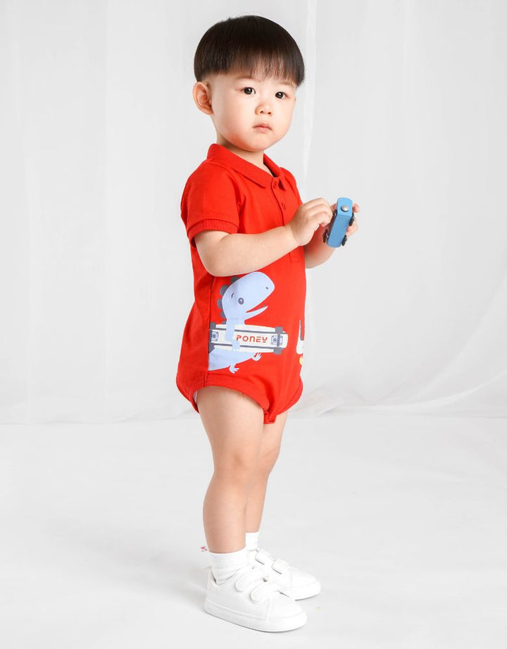 Short Sleeve Polo Bodysuit Dino Red