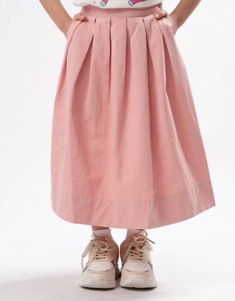 Poney Girls Pink Twill Pleated Long Skirt