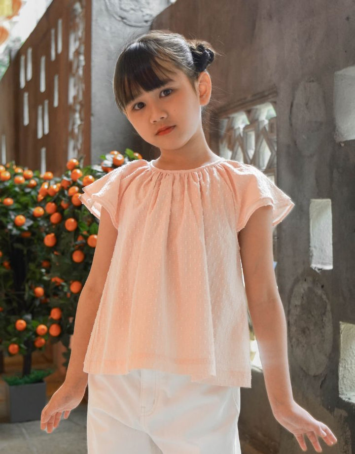 Pink Shorts Sleeves Swiss Dots Texture Blouse