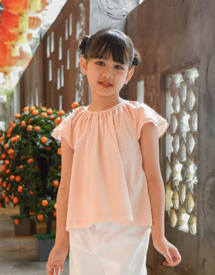 Pink Shorts Sleeves Swiss Dots Texture Blouse