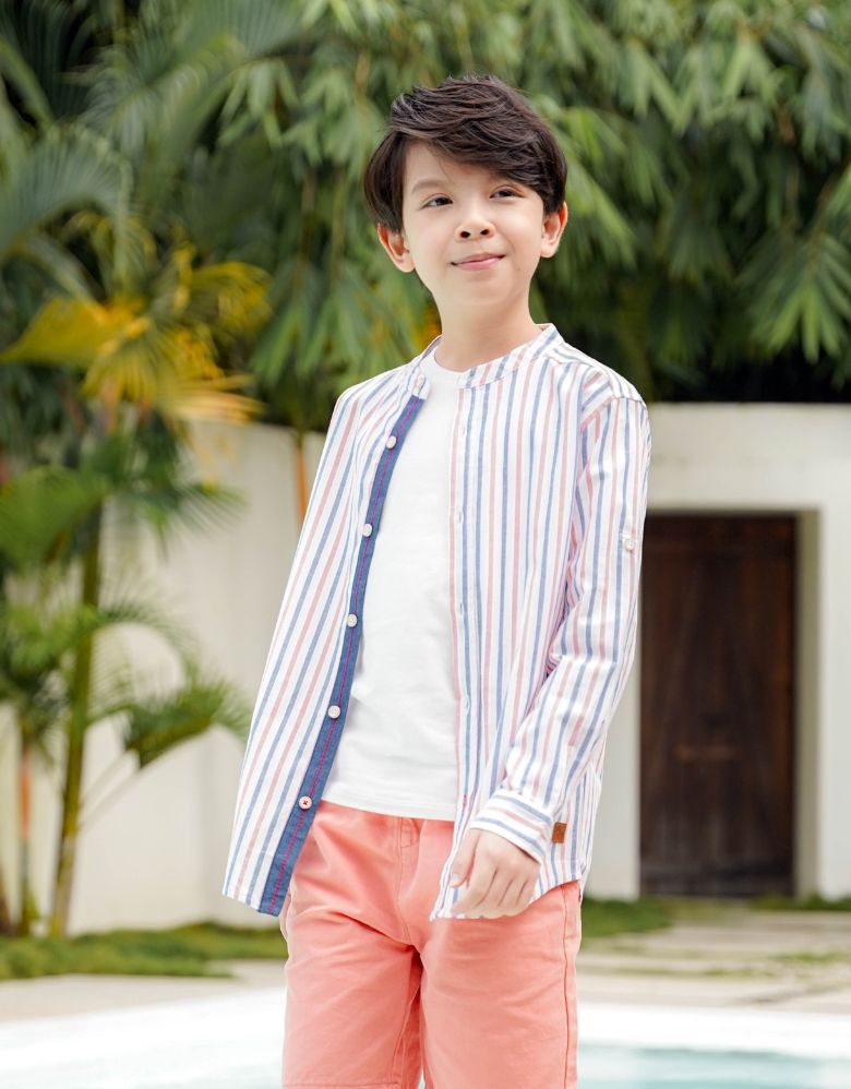 Poney Boys Red Stripe Mao Collar Long Sleeve Shirt