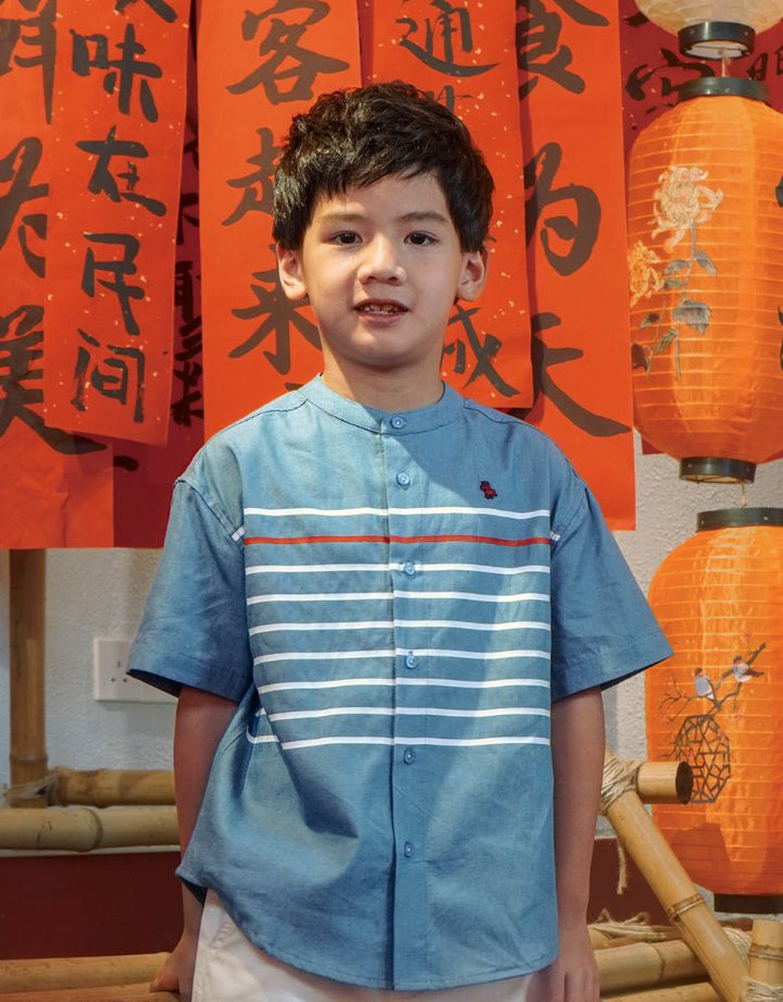 Denim Crest Stripe Loose Fit Short Sleeve Shirt