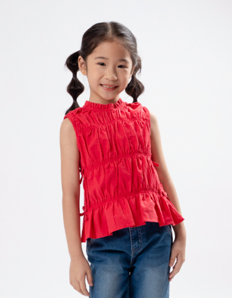 Red Elasticated Mini Bow Blouse