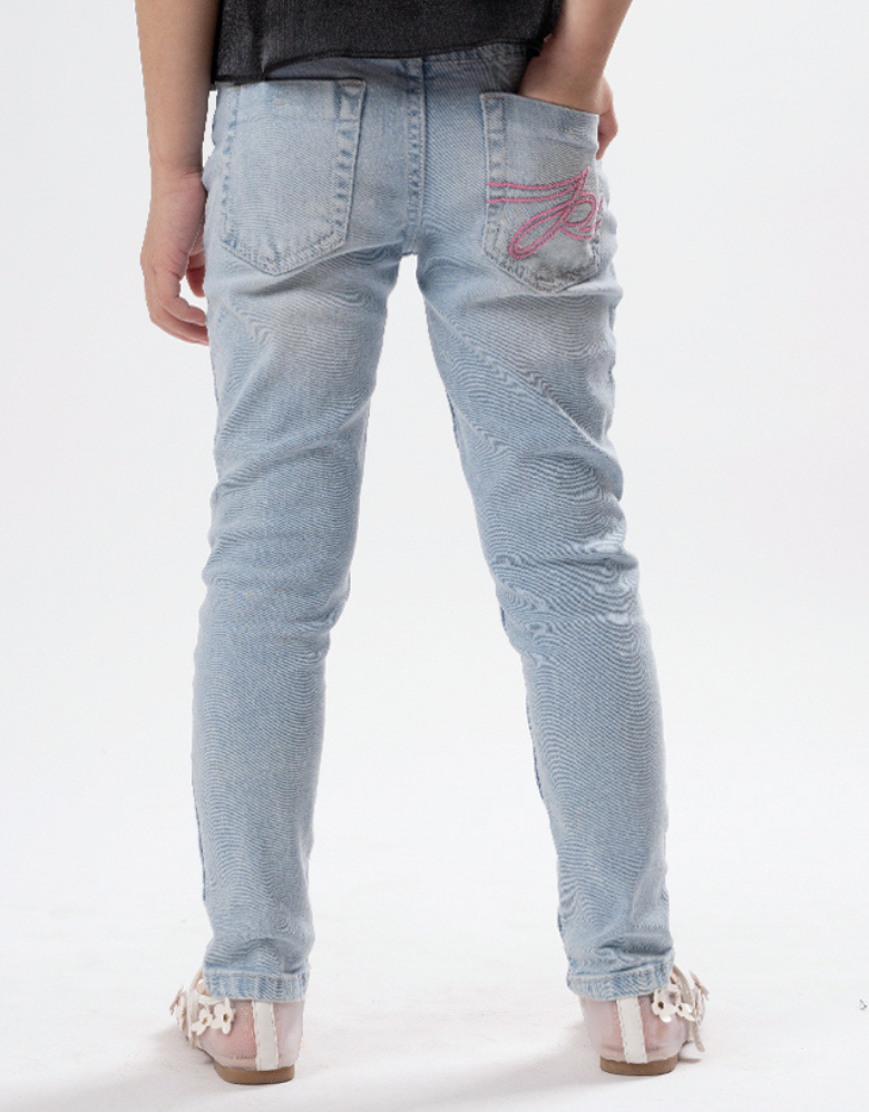 Poney Girls Light Blue Embroidered “P” Skinny Zip-Up Jeans