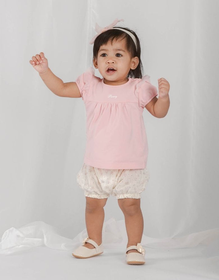 Light Pink Short Sleeve Top and Floral Print Shorts Set